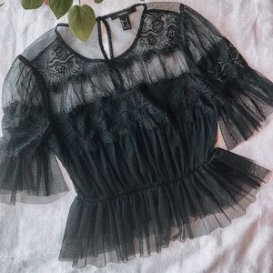 Forever 21 Black Tulle Sheer Ruffle Lace Blouse Small